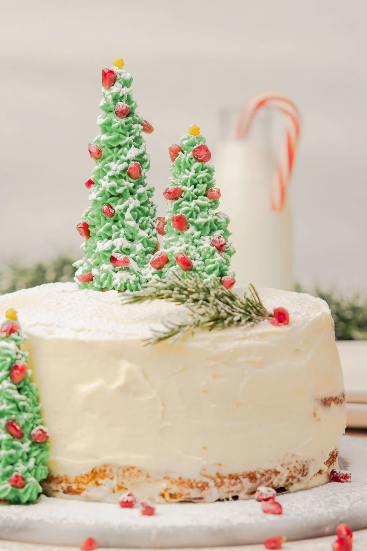 simple cake with decorated edible christmas trees on top