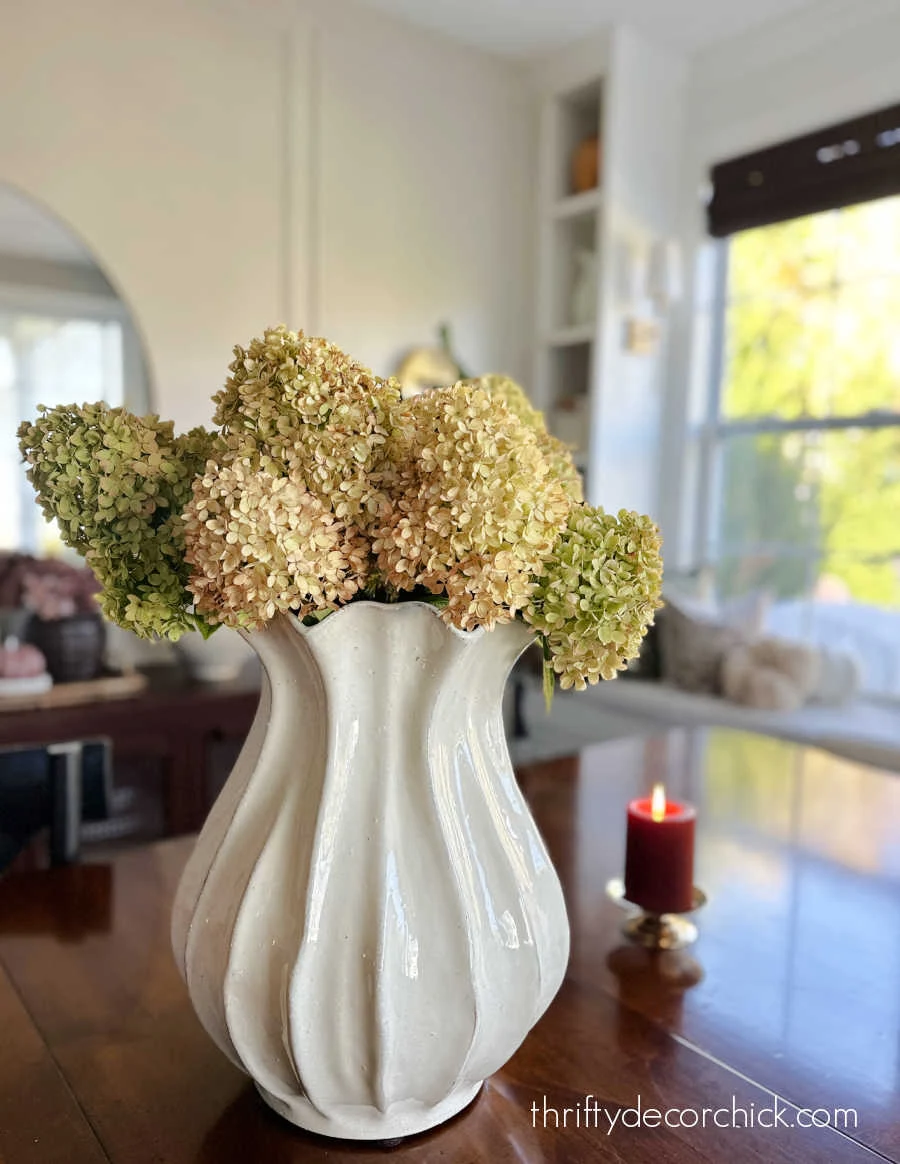 pink green hydrangeas tall vase