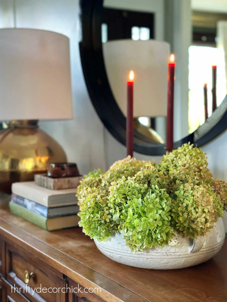 using decorative trays for easy, pretty fall vignettes thrifty decor chick 5 hydrangea blooms in wide bowl