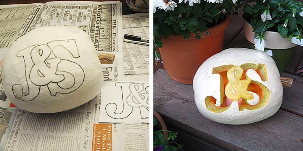 homemade monogram stencil for romantic pumpkin carving idea