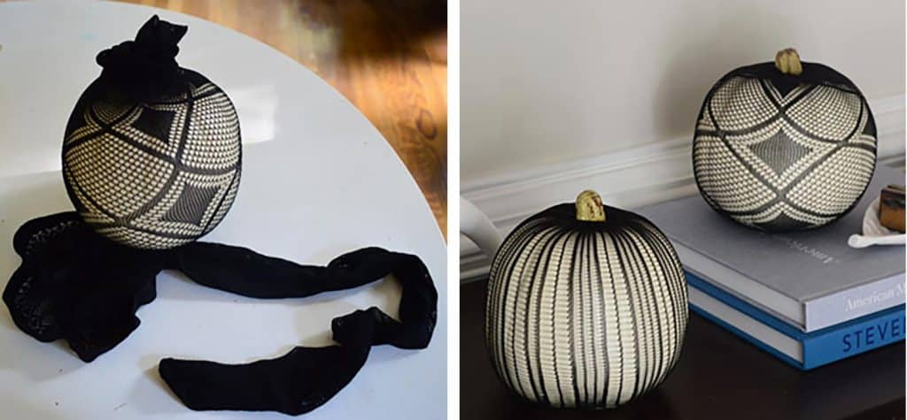 spooky halloween pumpkin idea with black panty hose pulled over white faux pumpkin