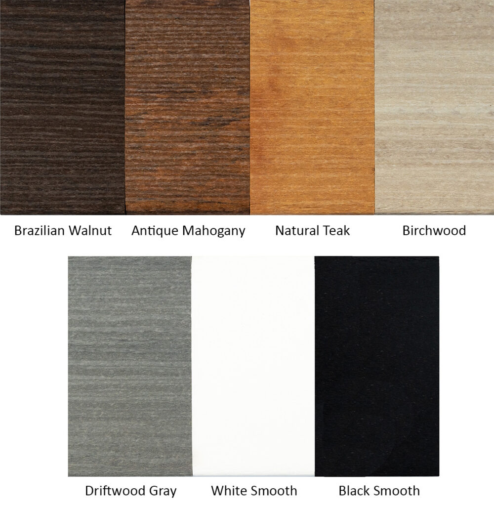 Recycled Plastic Lumber 5 color samples of premium woodgrain Recycled Plastic Lumber plus black and white smooth, planks
