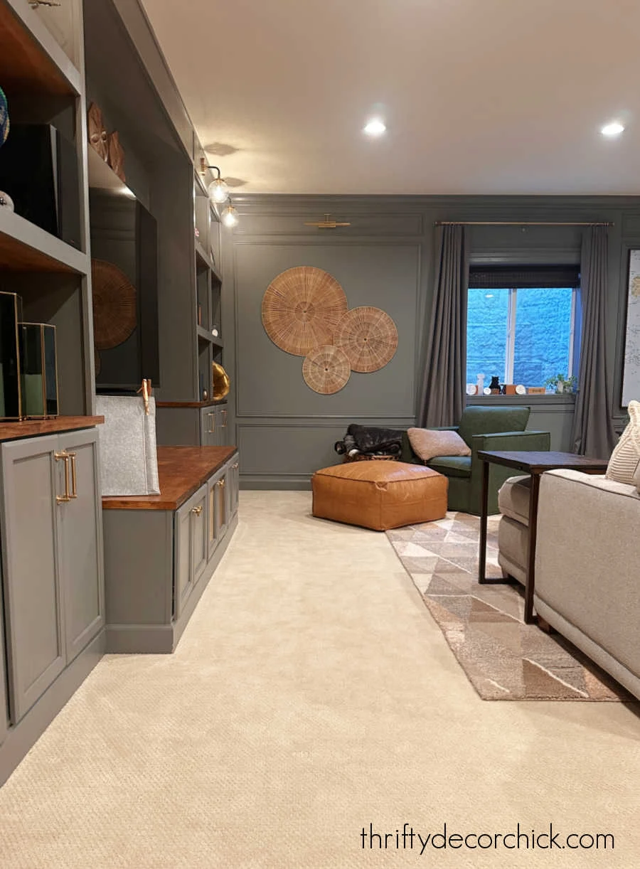 rearranging our basement family room prep for the holidays thrifty decor chick 14 huge long wall of tv built in bookcases