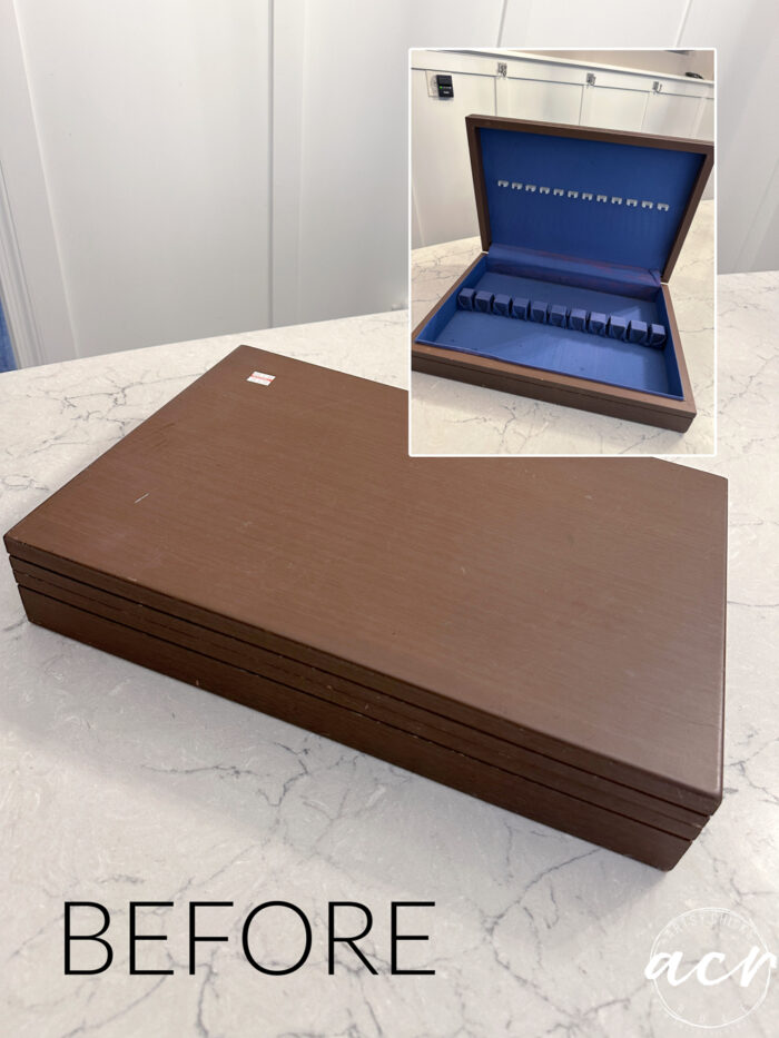brown flatware box with blue interior
