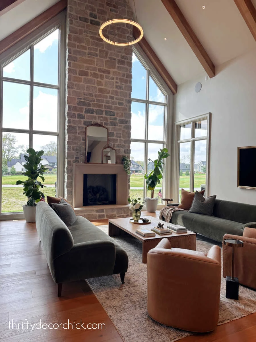 pitched ceiling with stacked stone fireplace