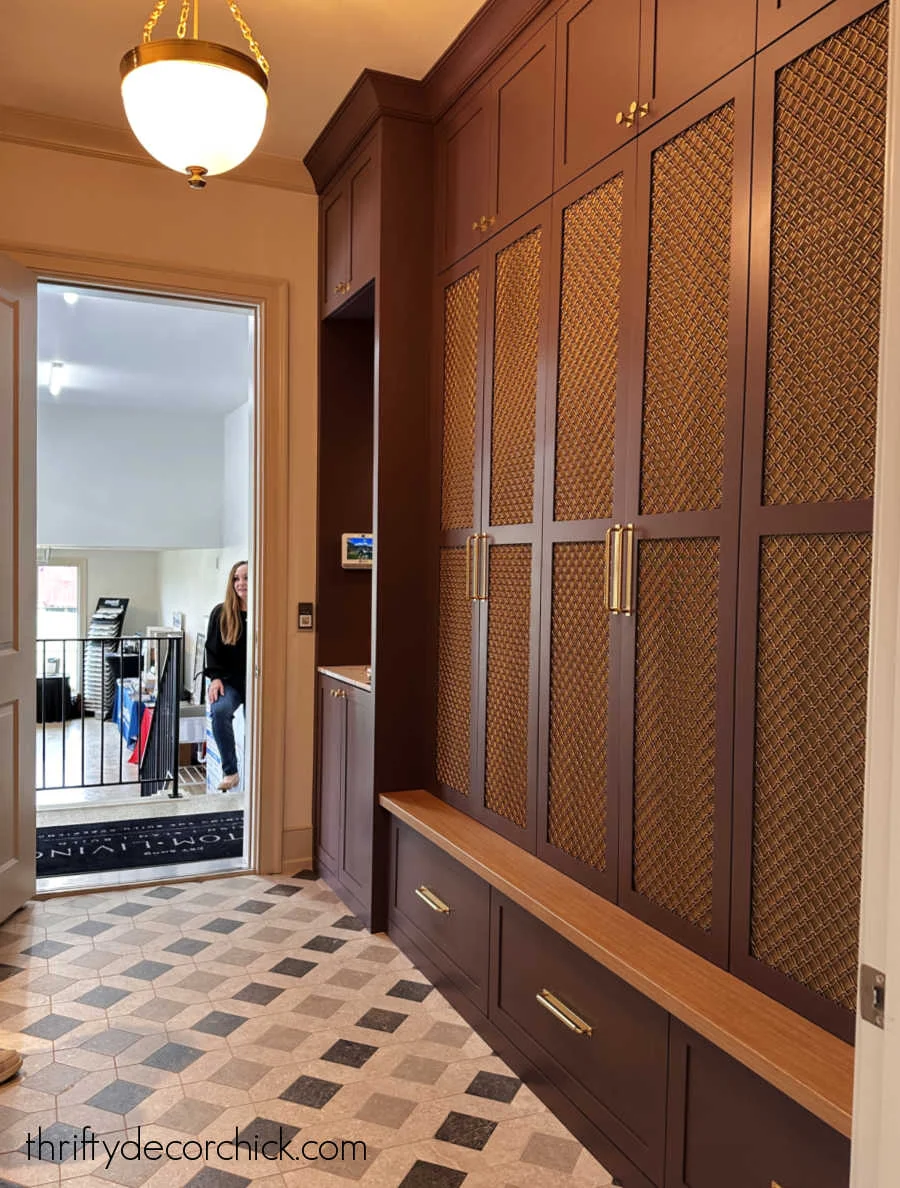 deep purple mud room with metal doors