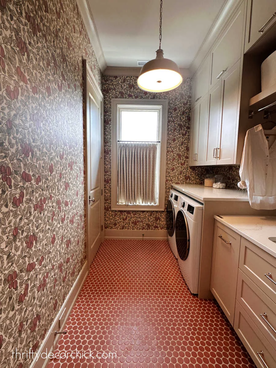 mauve floral wallpaper matching penny tile