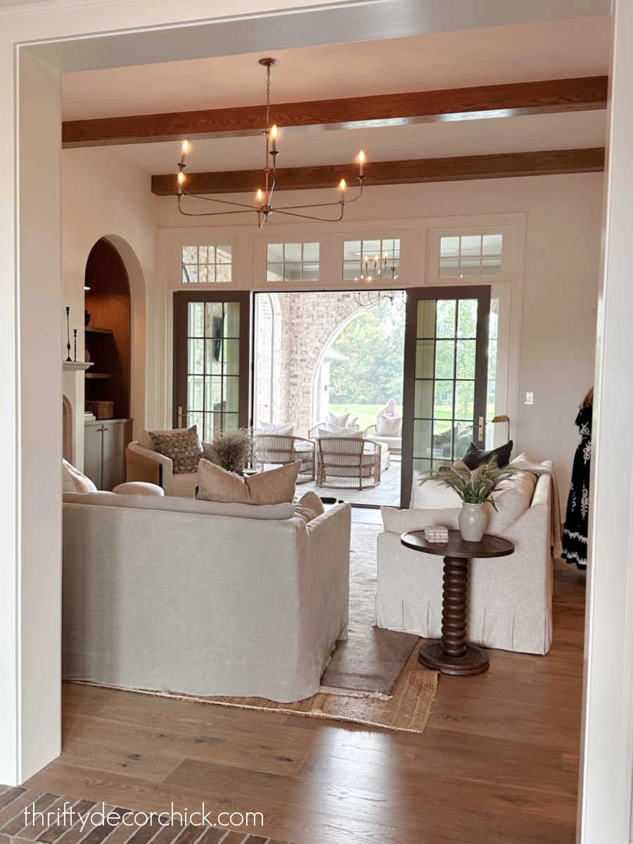 living room with thin wood beams