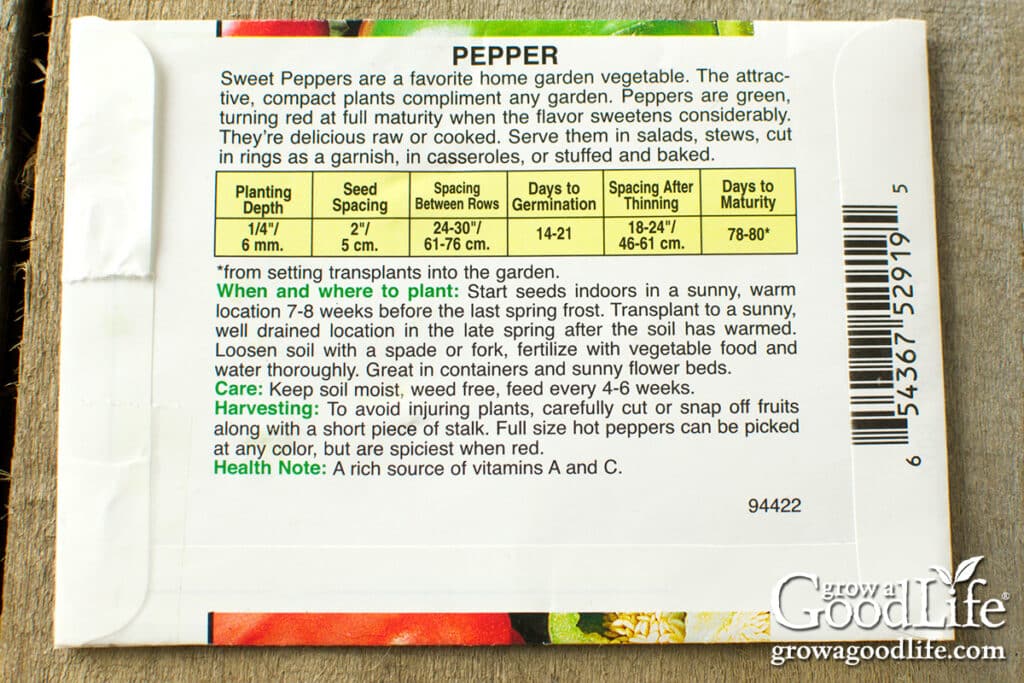 back of a pepper seed packet showing sowing and transplanting instructions.