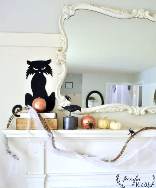 halloween mantel decor with pumpkins, spiders and more 4 fun halloween mantal with felt cat