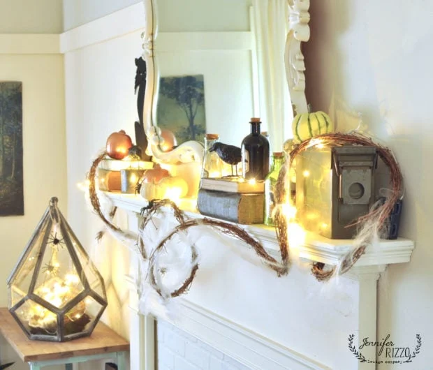 halloween mantel decor with pumpkins, spiders and more 2 faux mantel decorated for halloween