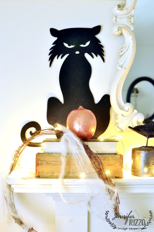 halloween mantel decor with pumpkins, spiders and more 5 felt cat cut out and copper painted pumpkin
