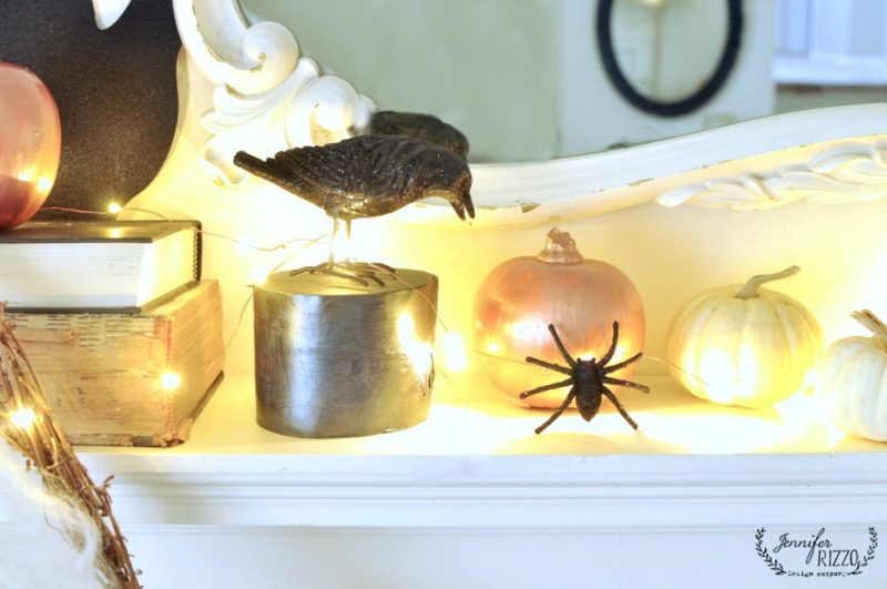 halloween mantel decor with pumpkins, spiders and more 6 funhallowen mantel decor vignette