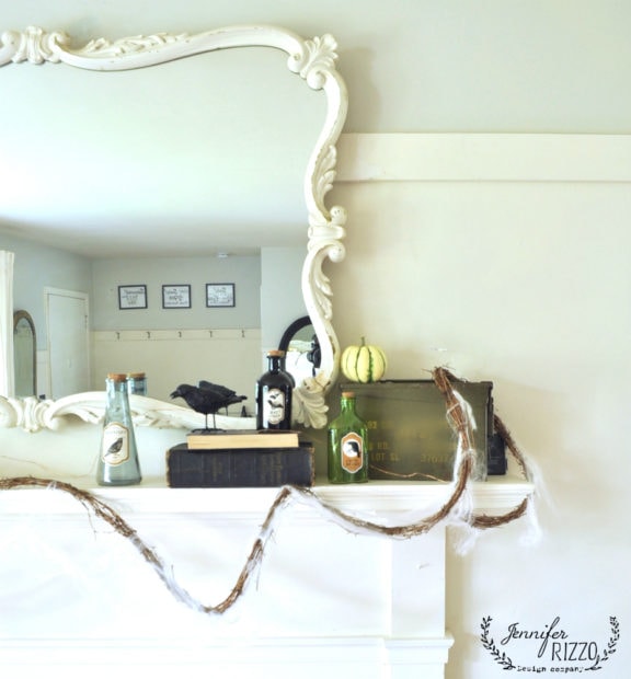 halloween mantel decor with pumpkins, spiders and more 8 mantel decor with grapevine wreath and fairy lights