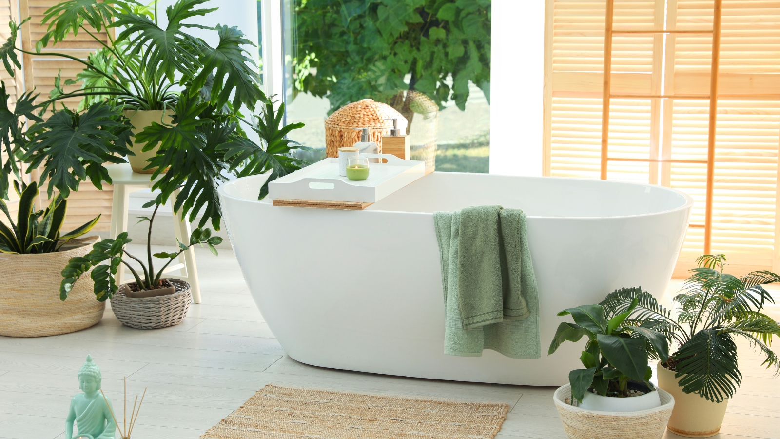 various houseplants with green leaves in decorative pots are arranged around a white bathtub near bright bathroom windows.
