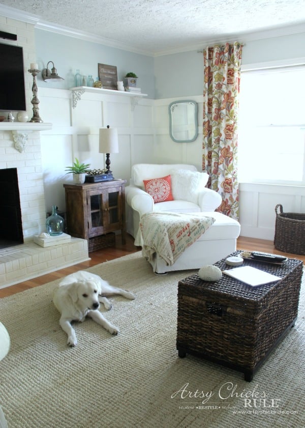evolution of a living room 10 colorful curtains , white chair, light colored rug and white dog