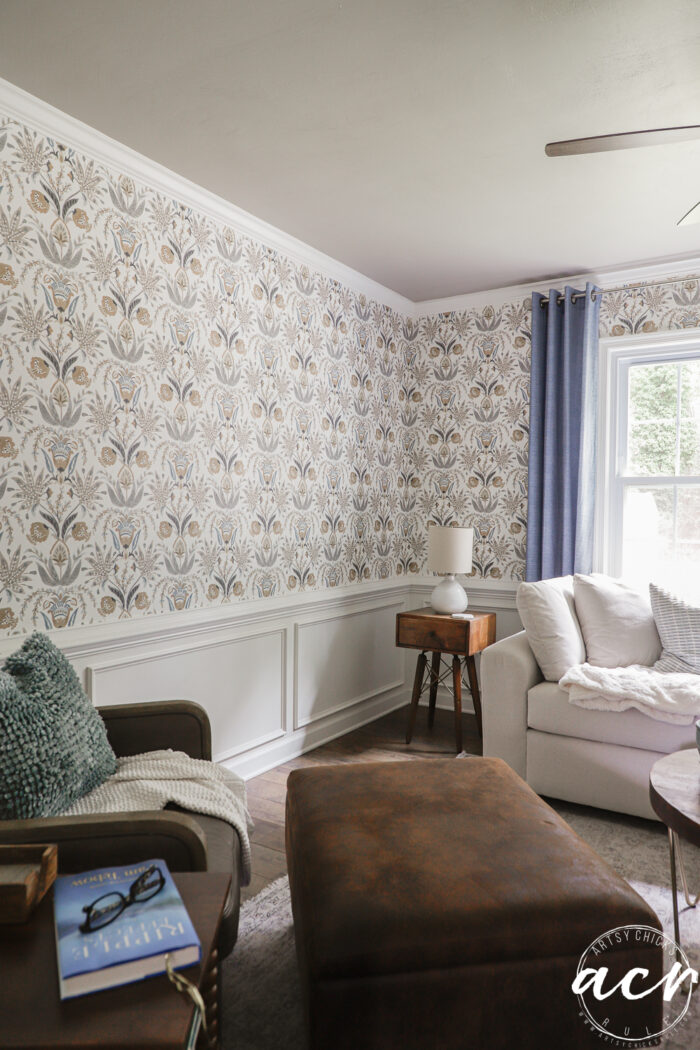 hanging prepasted strippable wallpaper artsy chicks rule 25 finished wallpaper with furniture and blue curtains and painted ceiling