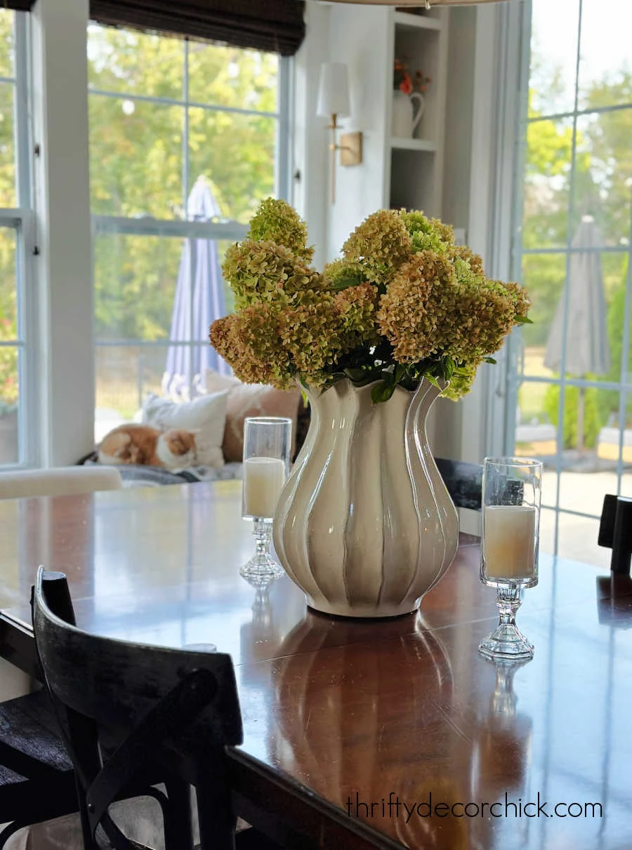 fall hydrangeas in large vase
