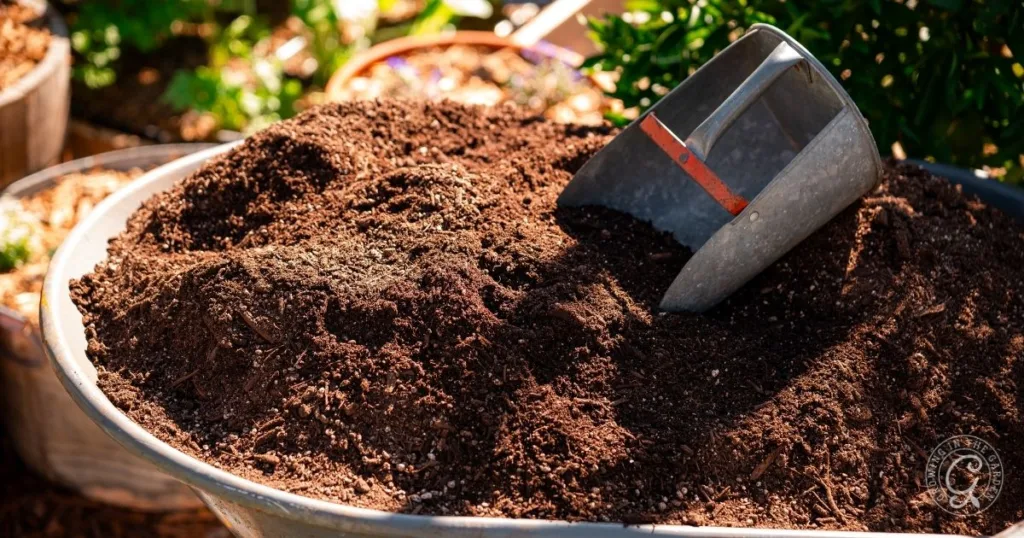 a metal scoop rests on a large pile of rich, dark hydrophobic soil in a garden setting.