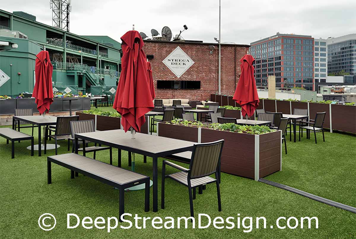 deepstream commercial wood planter in recycled plastic lumber create a farm to table roof top garden at boston's fenway park strega deck: click for details