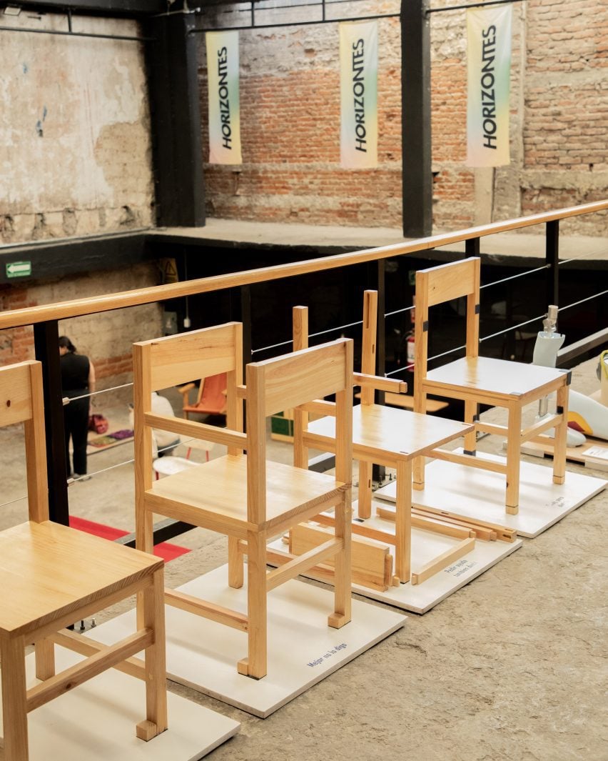 a photograph of brown wooden chairs