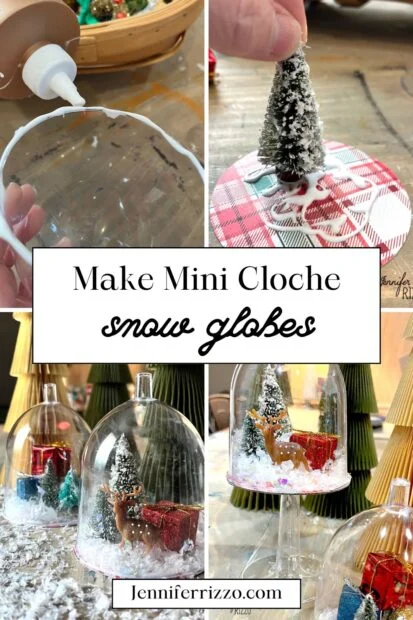 mini snow globe cloches from plastic wine glasses 14 collage showing steps to make mini snow globe cloches from plastic wine glasses, with small trees, figurines, and faux snow inside clear domes, displayed on decorated bases.