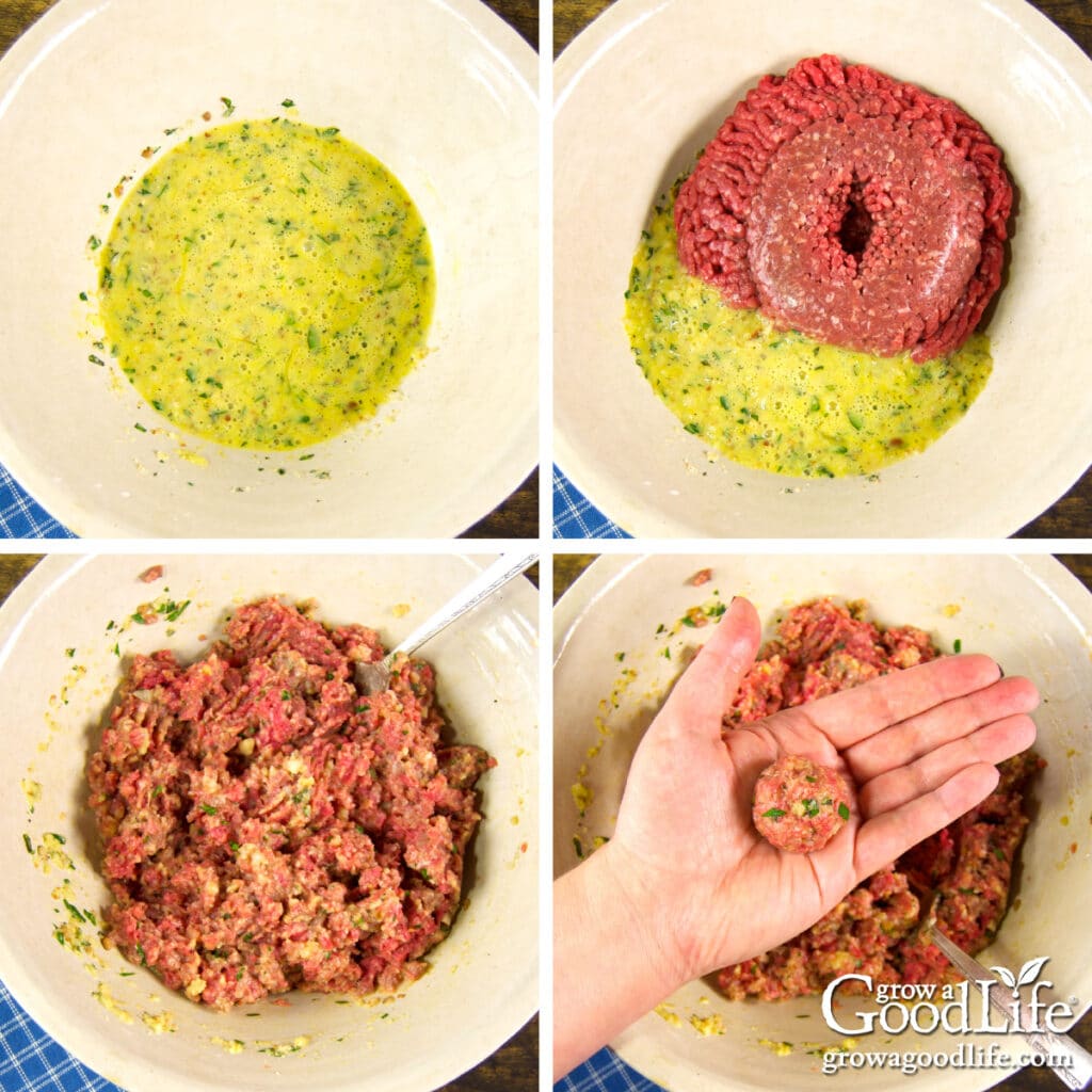 step-by-step photos showing how to mix and shape homemade meatballs.