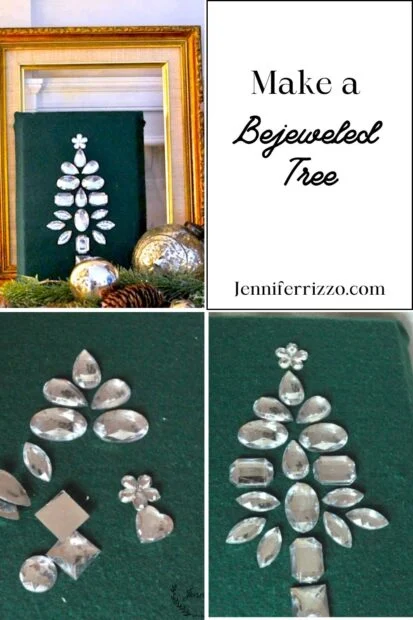 make vintage bejeweled christmas tree art 11 framed green fabric with clear gemstones arranged as a bejeweled christmas tree, surrounded by decorative ornaments and pinecones. text: "make a bejeweled tree, jenniferrizzo.com".
