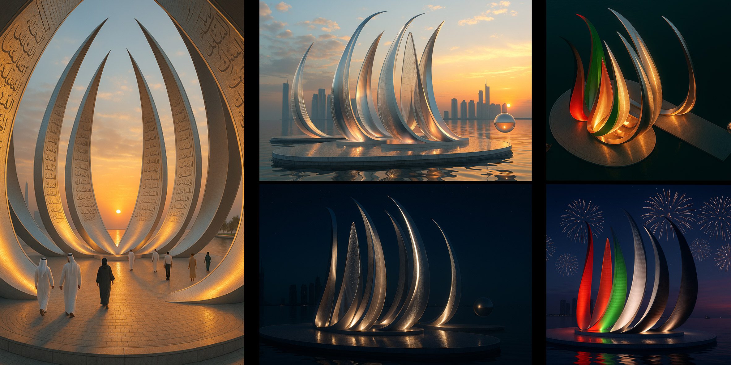 collage of images of sail boat-like monument at different times of day