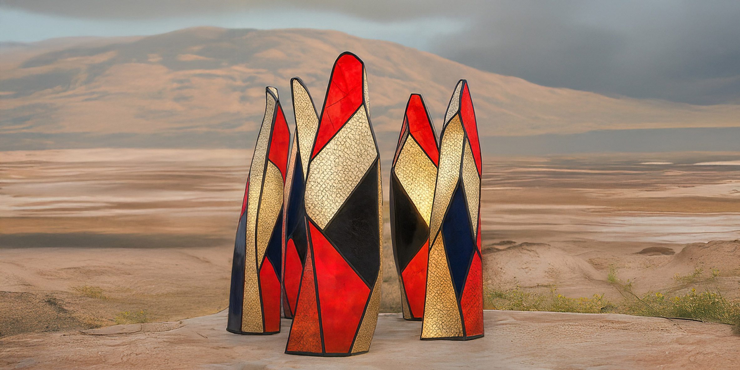 ai-generated monument comprising five upright structures with gold, black and red-coloured facets