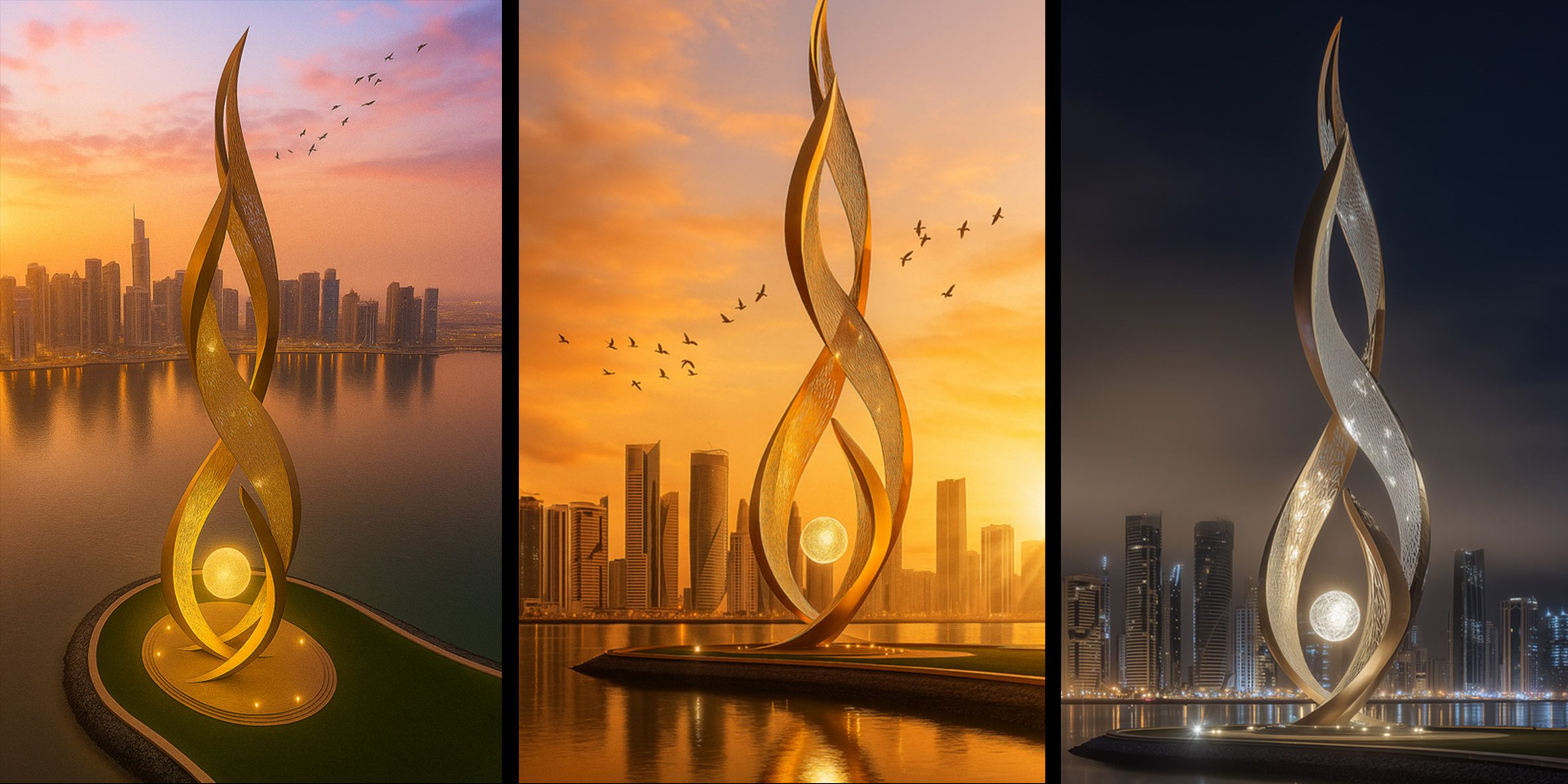 collage of images of spiral-shaped monument at different times of day