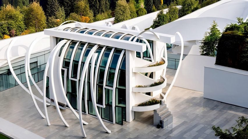 a visualisation of a building in tones of white and blue