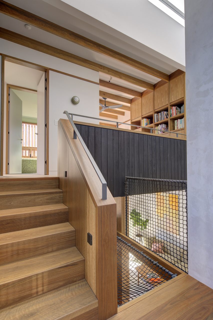 split level timber staircase with hammock