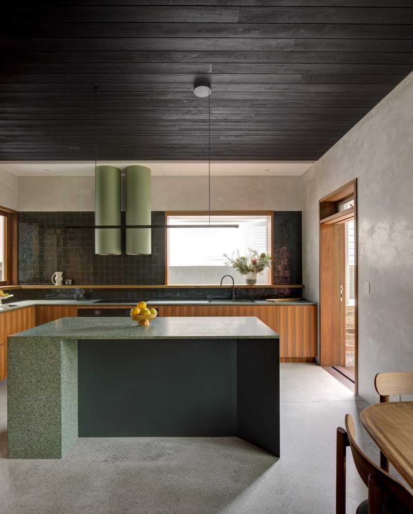 kitchen with green island