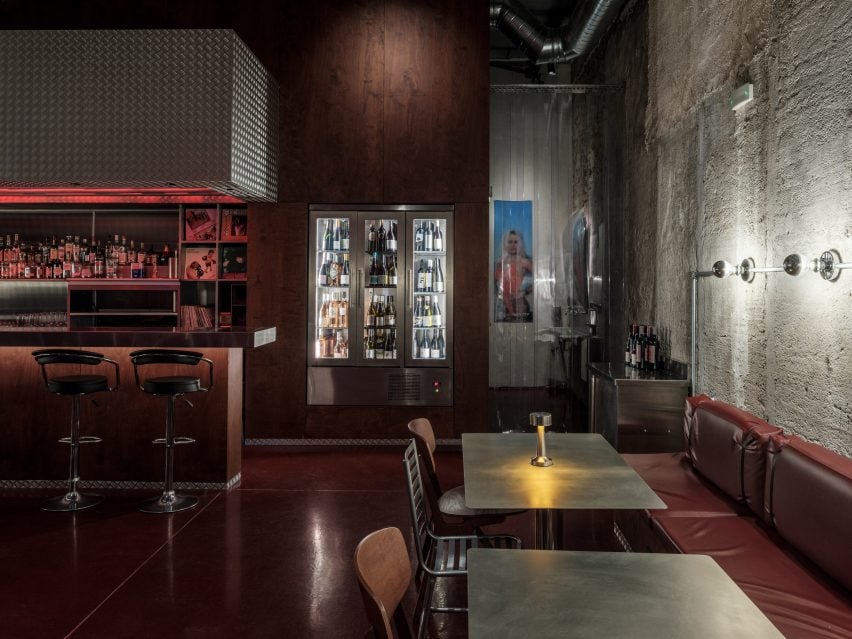 view of tables and metal bar