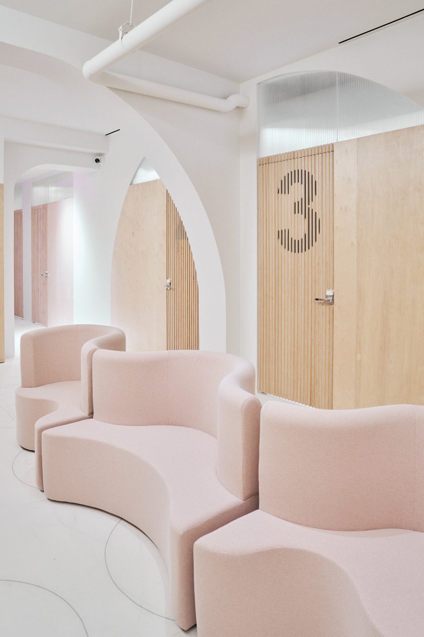 pink sofa in spa waiting area