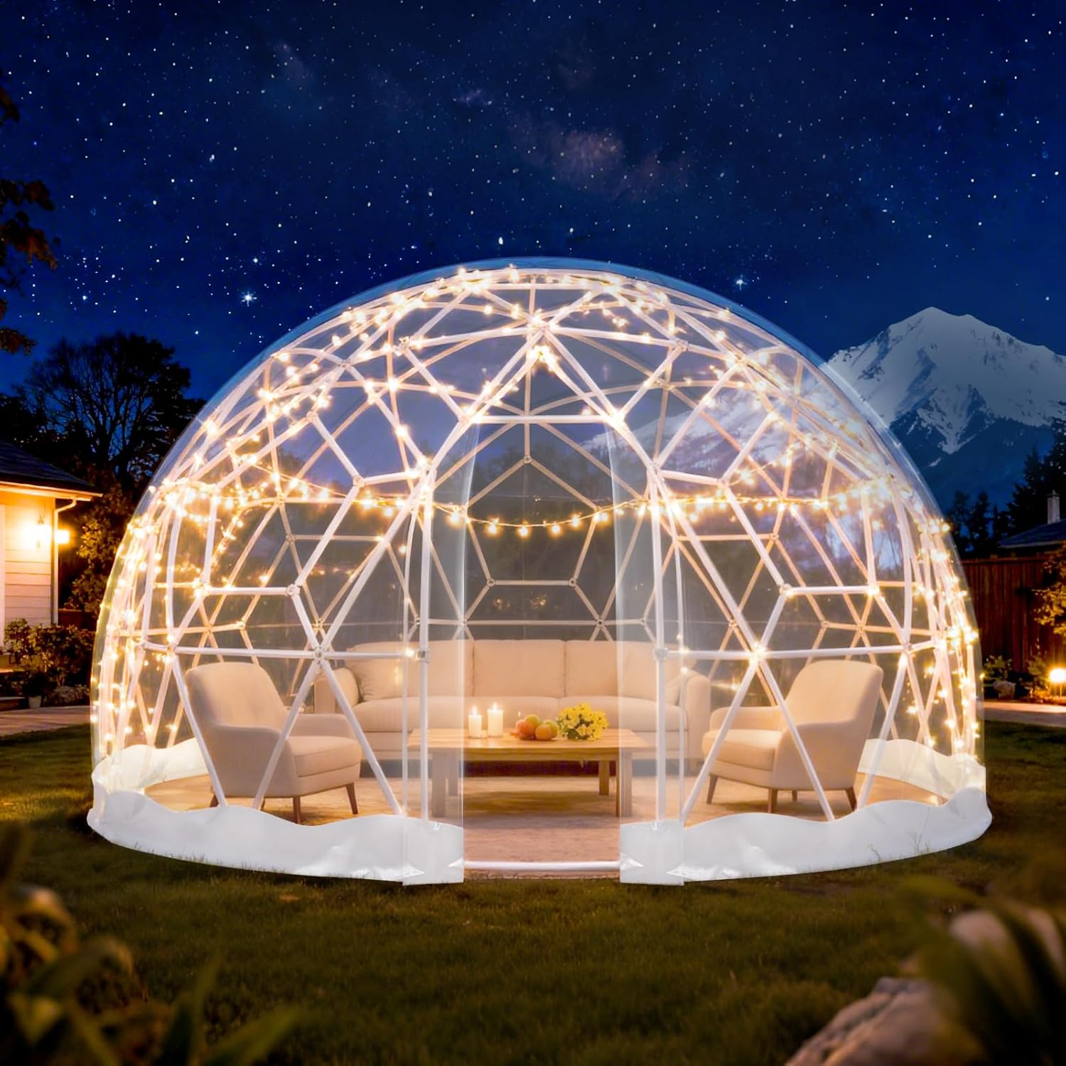 zumic garden dome tent 12*7.2ft, 360&deg; view geodesic dome greenhouse with pvc clear cover, waterproof garden bubble dome tent house with 2 x 10m light strings for outdoor, white
