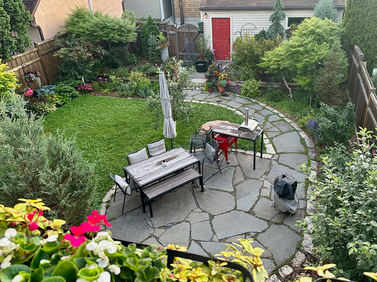 aerial view of small backyard garden with patio