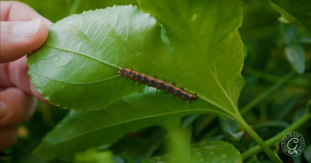 a hand holds a green leaf from milkweeds with a spiky, black and orange caterpillar crawling on it—perfect for a butterfly garden in arizona.