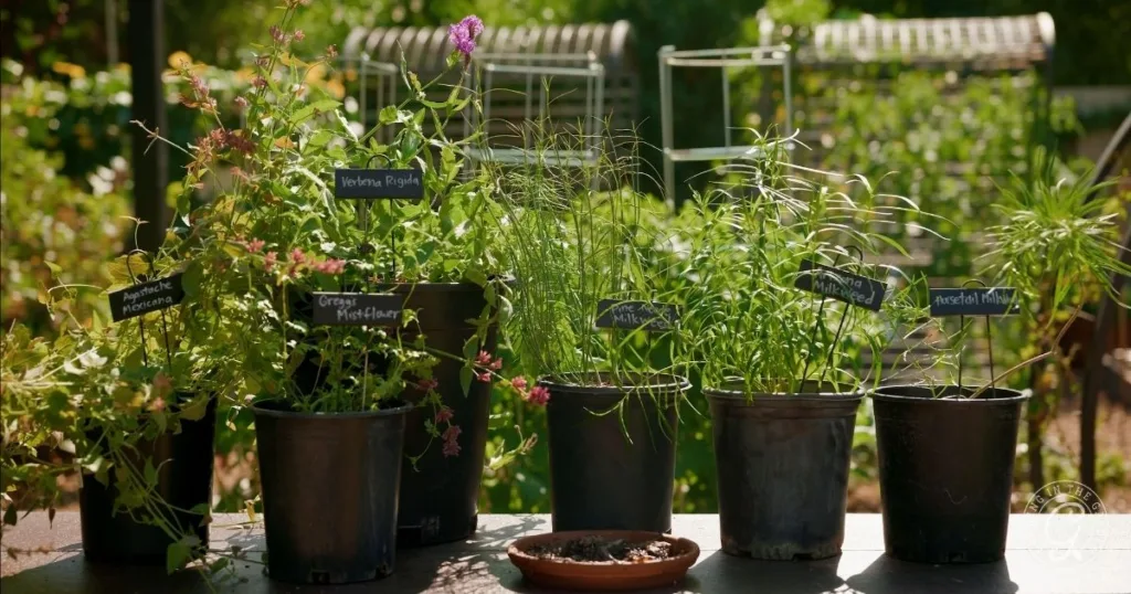how to attract butterflies to your garden in arizona 29 potted herbs with labels sit on a table outdoors in a sunny garden, surrounded by greenery and milkweeds that attract butterflies seeking nectar—just like those found in butterfly garden arizona.