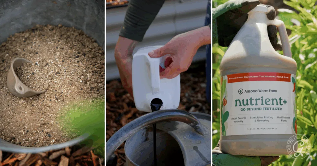 three images: potting mix with a scoop, pouring water into a can, and showing how to use liquid organic fertilizer in the garden.
