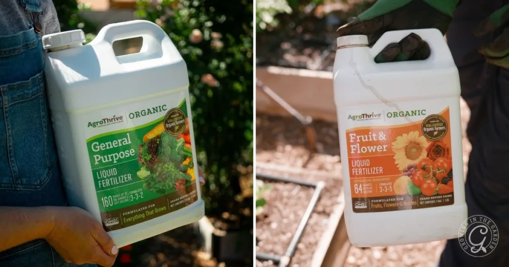 the best organic garden fertilizer for healthy soil 2 two people hold containers of agrothrive organic liquid fertilizer—general purpose and fruit & flower—showcasing the best organic garden fertilizer for every grower's needs.