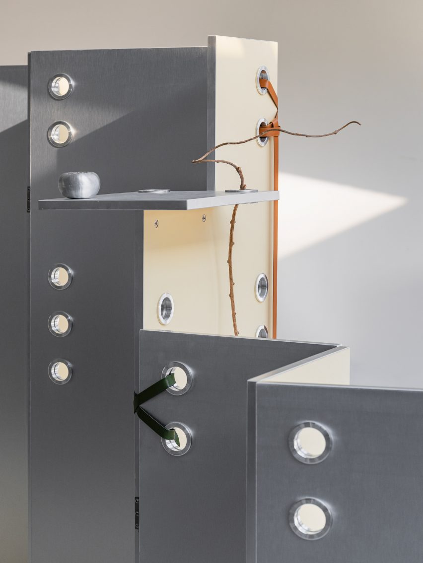 close-up of metal shelves