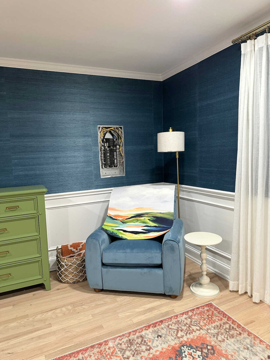 random bedroom details - front door privacy, bathroom door question, new artwork, and coffee-dyed drapery trim success 7 details front door