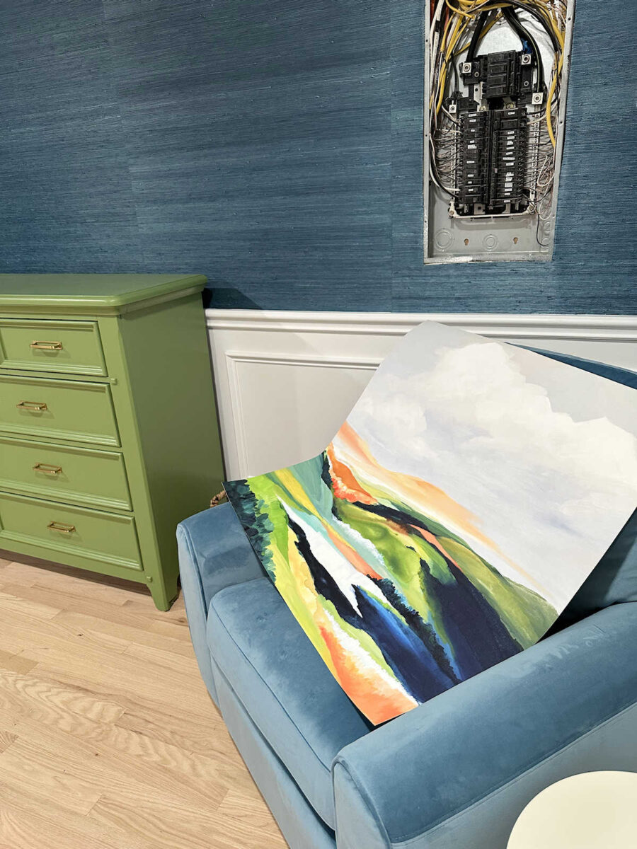 random bedroom details - front door privacy, bathroom door question, new artwork, and coffee-dyed drapery trim success 8 details front door