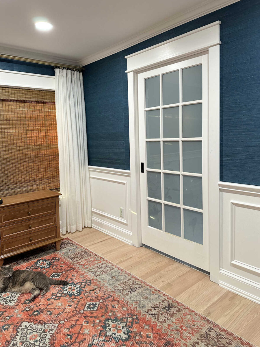 random bedroom details - front door privacy, bathroom door question, new artwork, and coffee-dyed drapery trim success 6 details front door