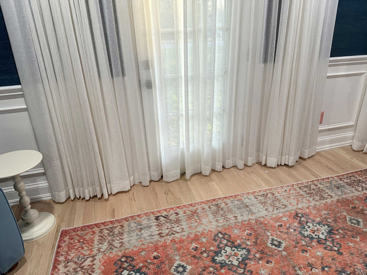 random bedroom details - front door privacy, bathroom door question, new artwork, and coffee-dyed drapery trim success 4 details front door