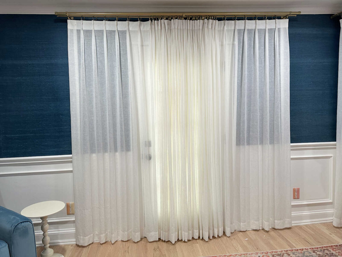 random bedroom details - front door privacy, bathroom door question, new artwork, and coffee-dyed drapery trim success 2 details front door