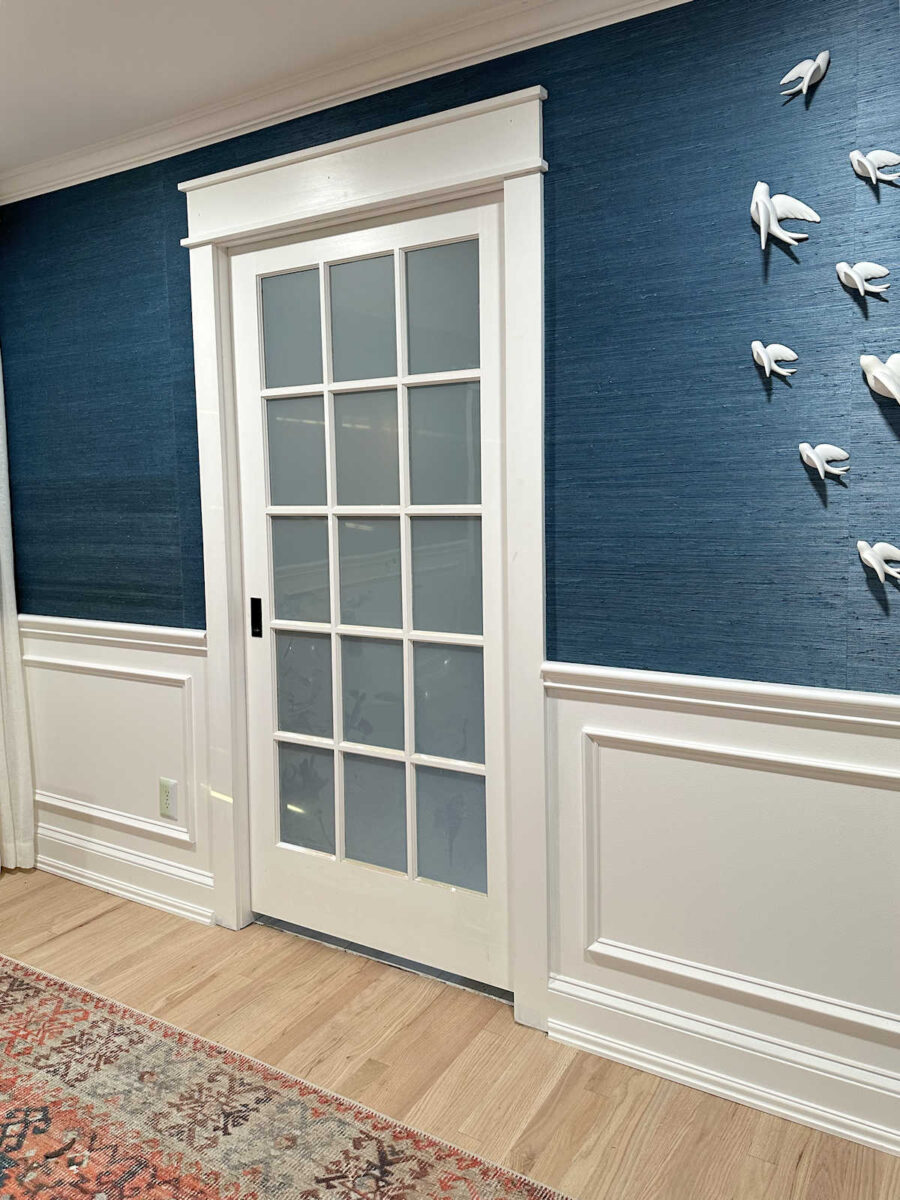 random bedroom details - front door privacy, bathroom door question, new artwork, and coffee-dyed drapery trim success 5 details front door