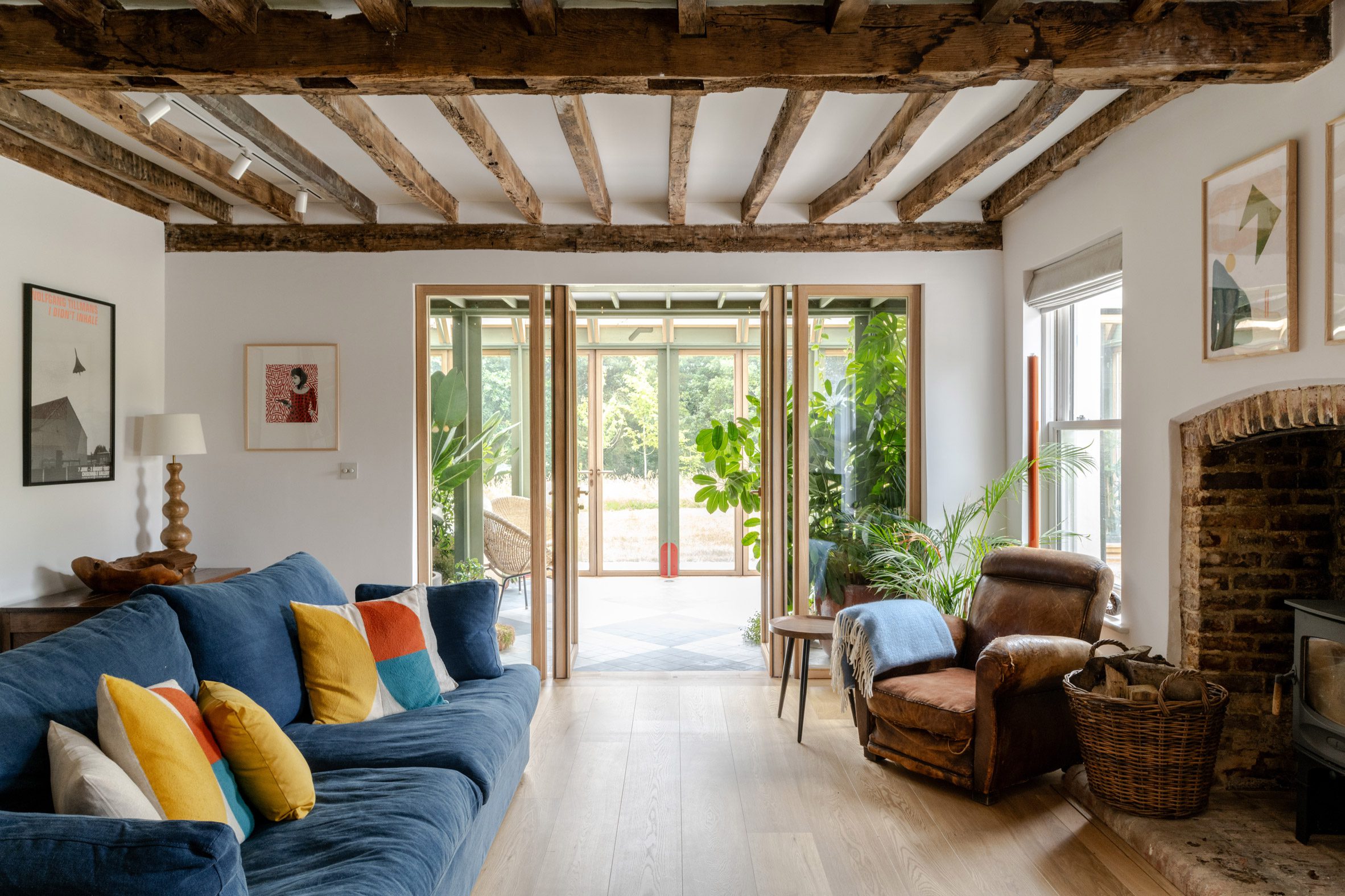 living room with timber beams